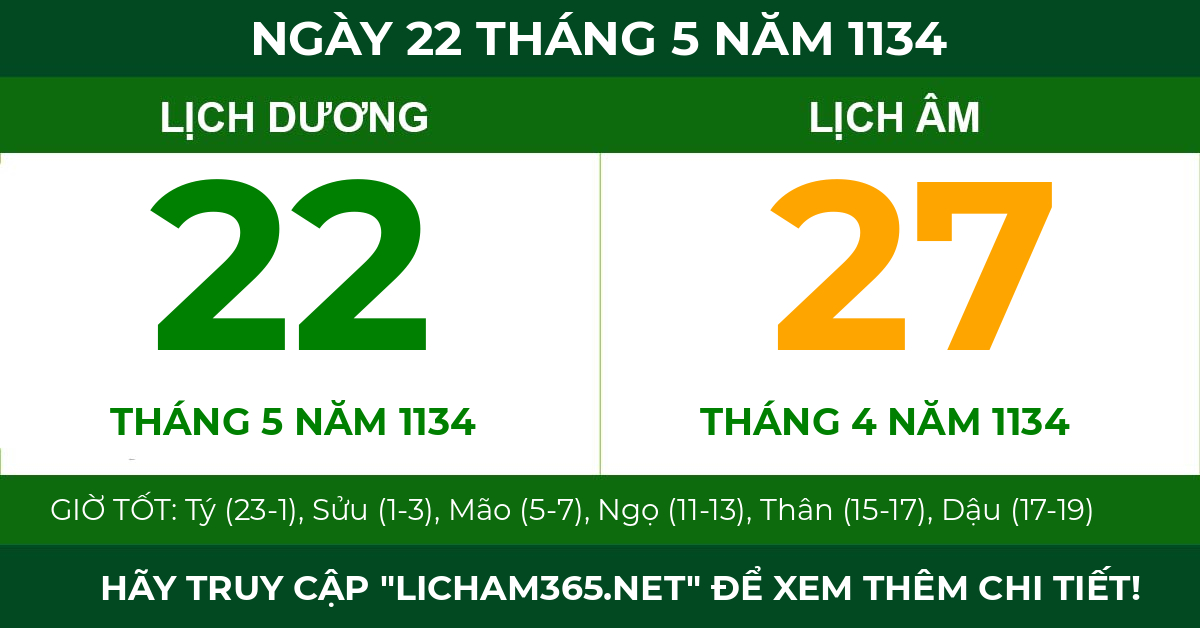 lịch âm ngày 22 tháng 5 năm 1134
