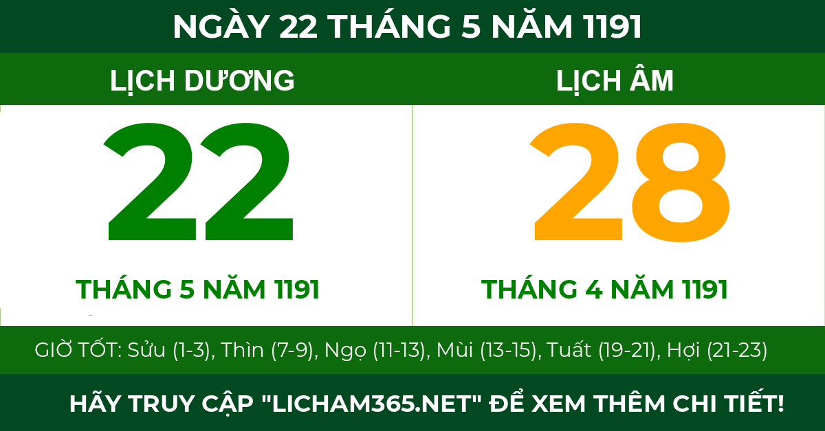 lịch âm ngày 22 tháng 5 năm 1191