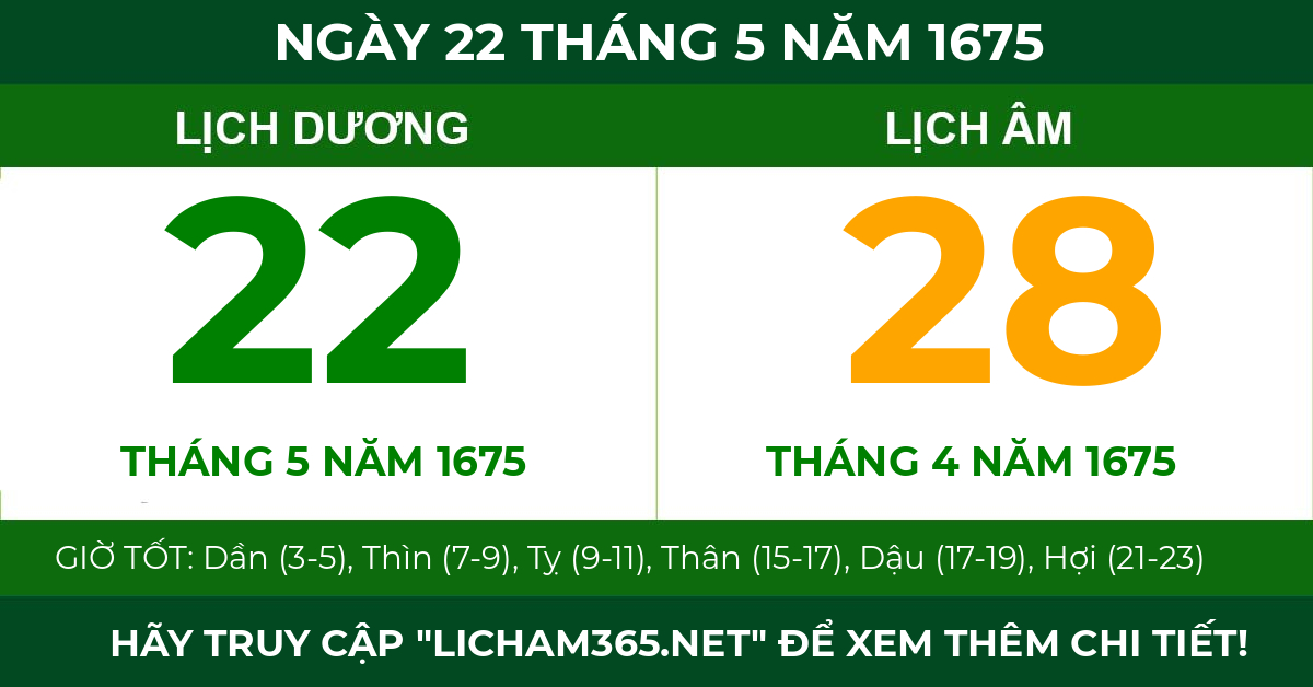 lịch âm ngày 22 tháng 5 năm 1675