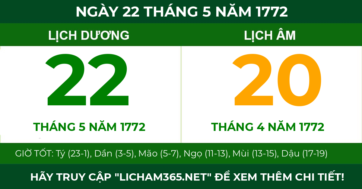 lịch âm ngày 22 tháng 5 năm 1772