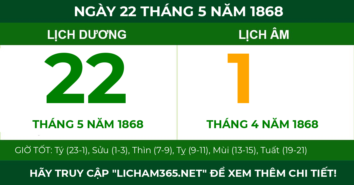 lịch âm ngày 22 tháng 5 năm 1868