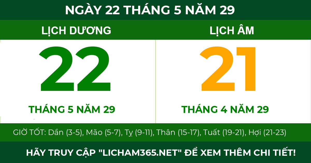 lịch âm ngày 22 tháng 5 năm 29