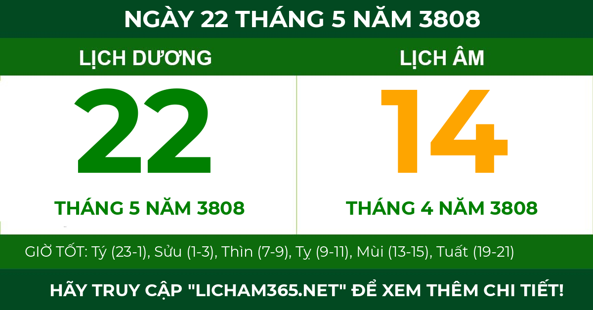 lịch âm ngày 22 tháng 5 năm 3808