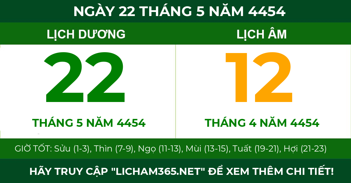 lịch âm ngày 22 tháng 5 năm 4454