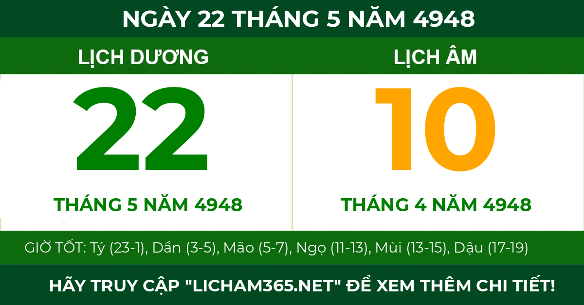 lịch âm ngày 22 tháng 5 năm 4948