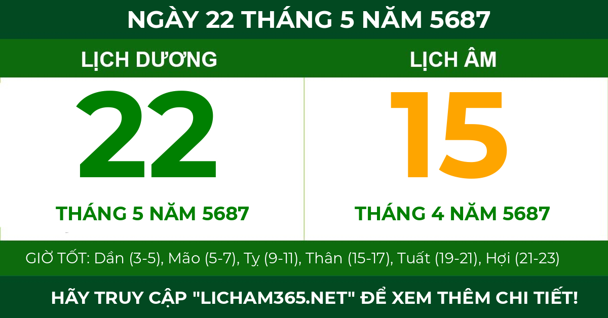 lịch âm ngày 22 tháng 5 năm 5687