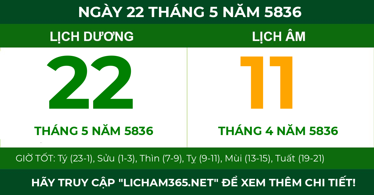 lịch âm ngày 22 tháng 5 năm 5836