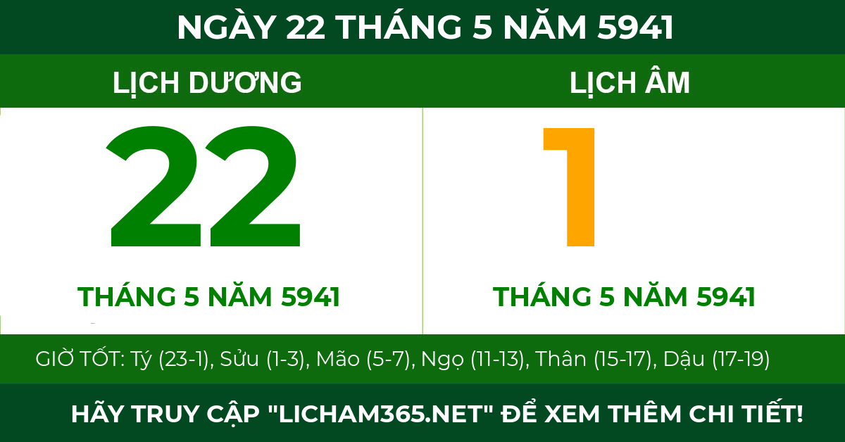lịch âm ngày 22 tháng 5 năm 5941
