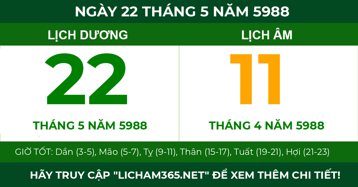 lịch âm ngày 22 tháng 5 năm 5988