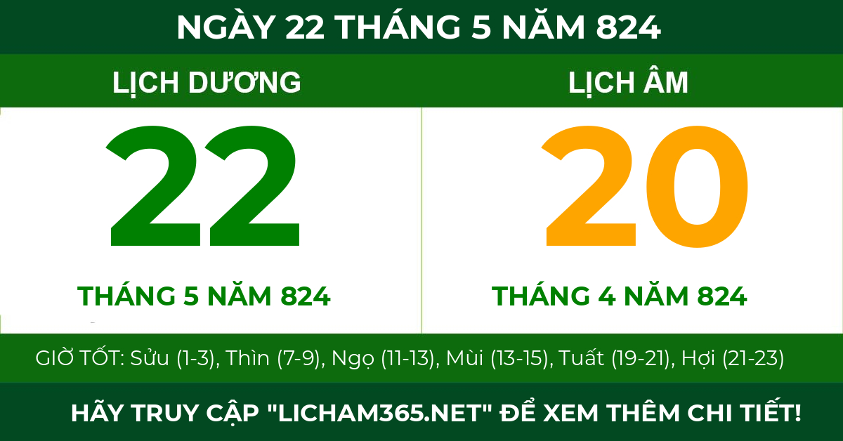 lịch âm ngày 22 tháng 5 năm 824