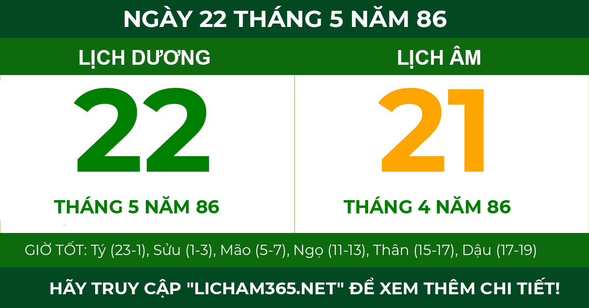 lịch âm ngày 22 tháng 5 năm 86