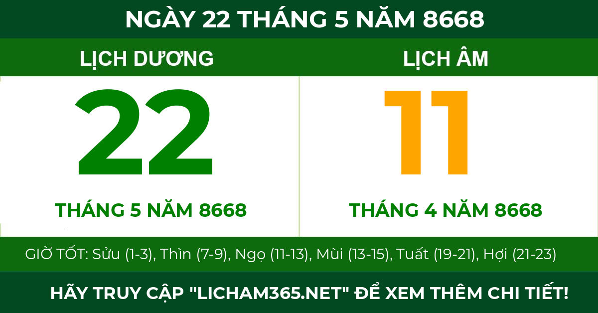 lịch âm ngày 22 tháng 5 năm 8668