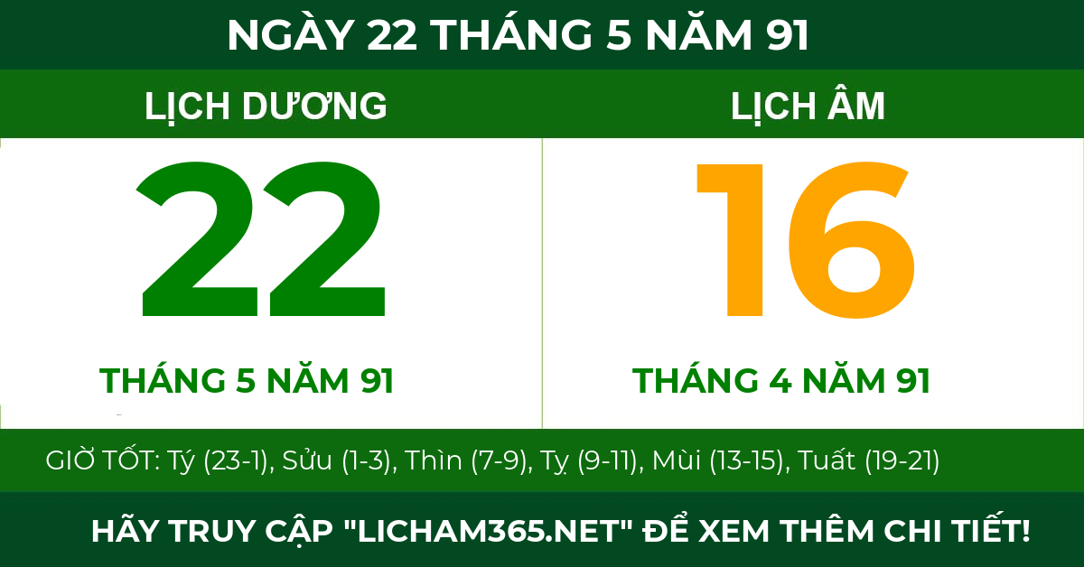 lịch âm ngày 22 tháng 5 năm 91