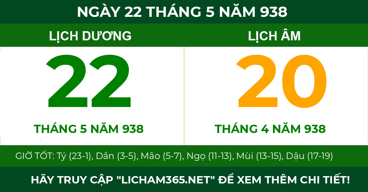 lịch âm ngày 22 tháng 5 năm 938