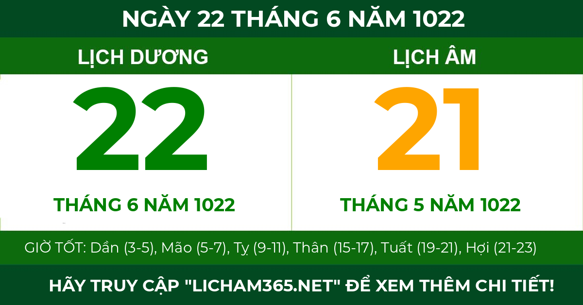 lịch âm ngày 22 tháng 6 năm 1022