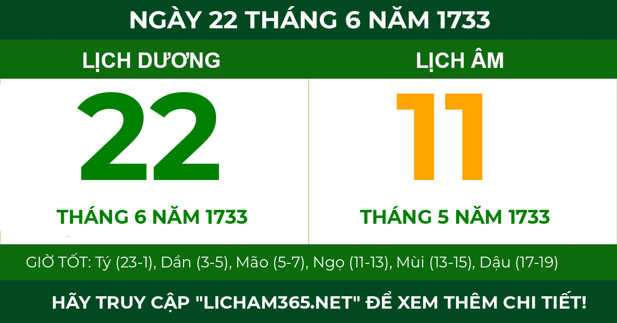 lịch âm ngày 22 tháng 6 năm 1733