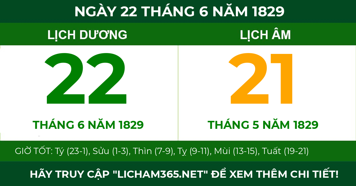 lịch âm ngày 22 tháng 6 năm 1829