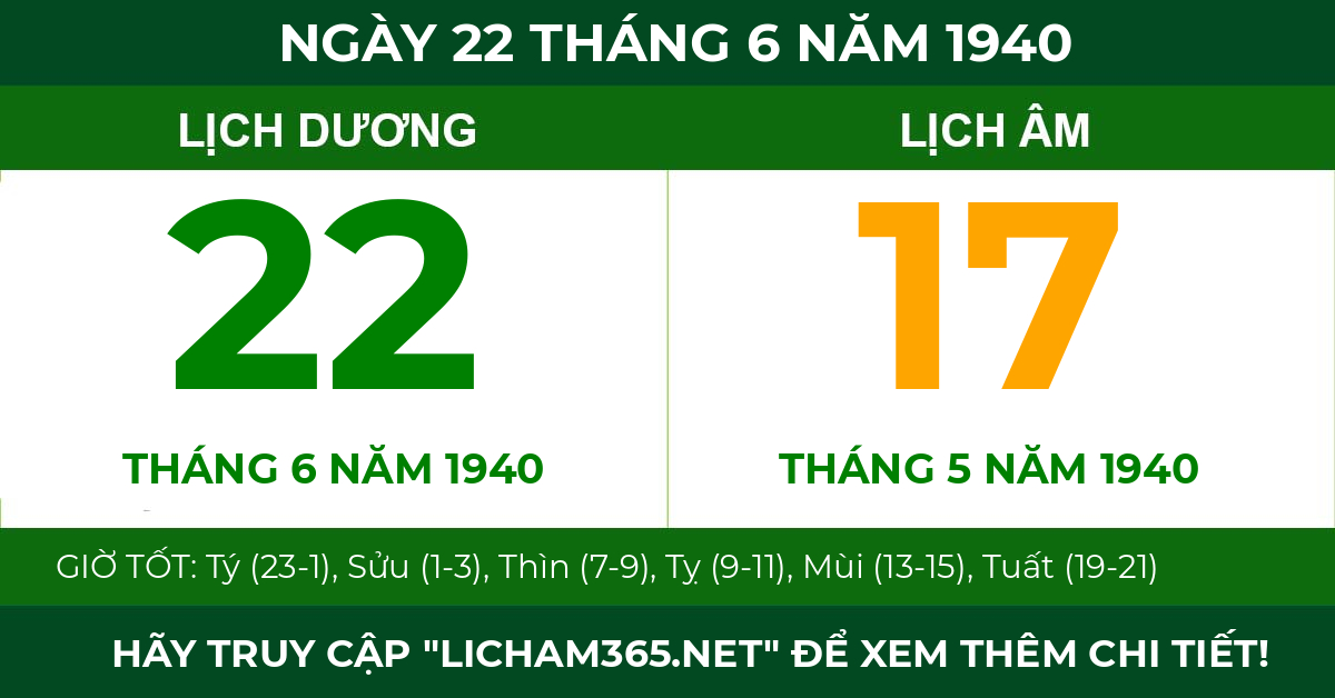 lịch âm ngày 22 tháng 6 năm 1940