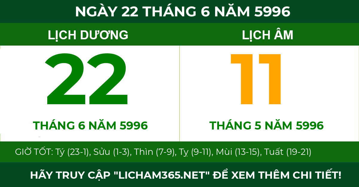 lịch âm ngày 22 tháng 6 năm 5996