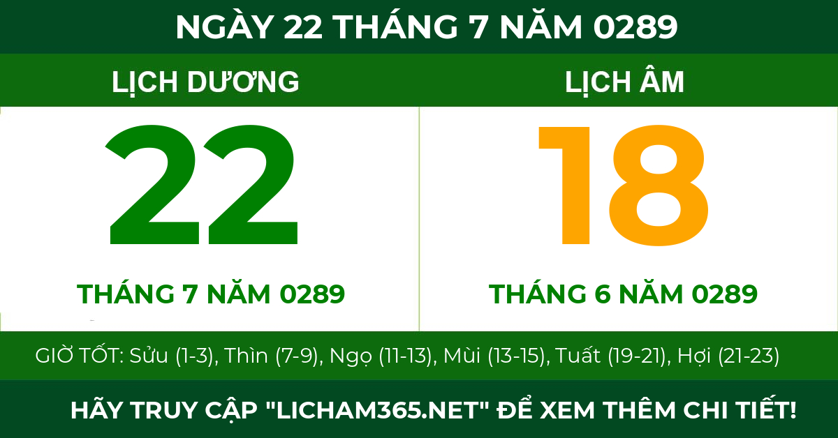 lịch âm ngày 22 tháng 7 năm 0289