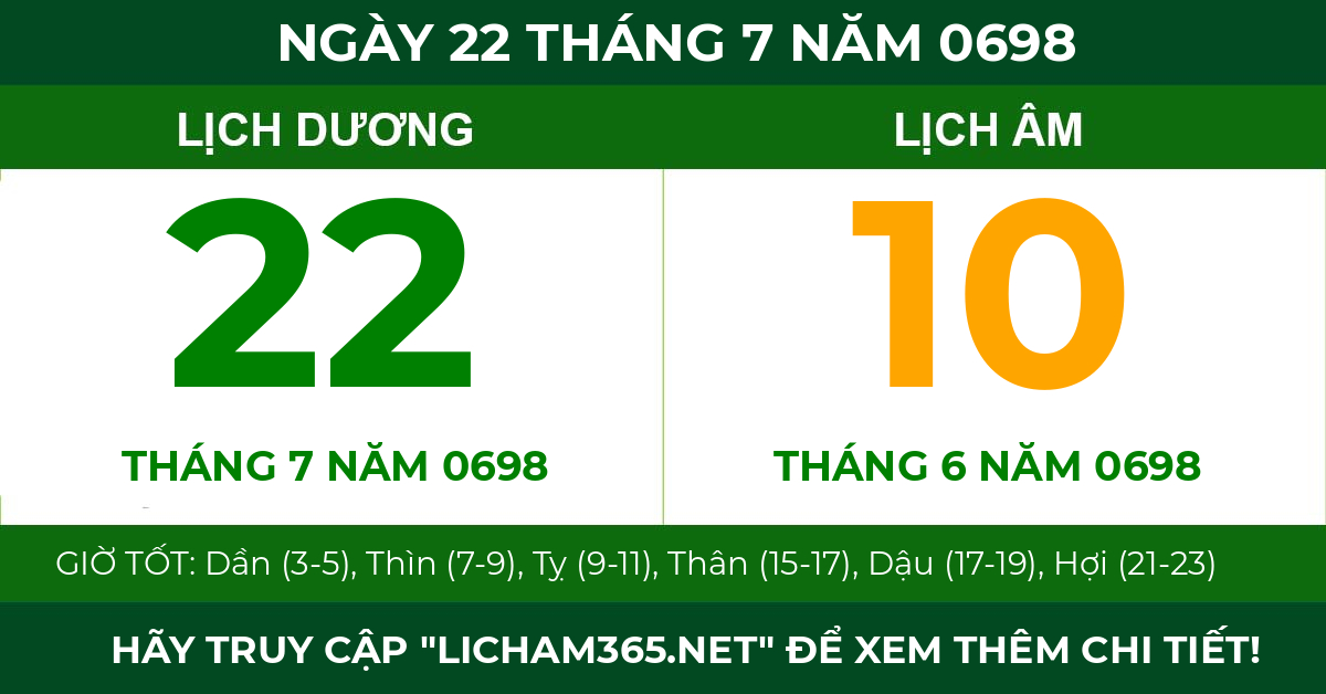 lịch âm ngày 22 tháng 7 năm 0698