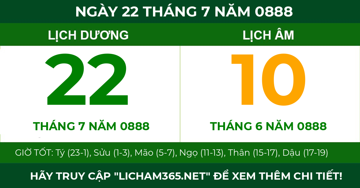 lịch âm ngày 22 tháng 7 năm 0888