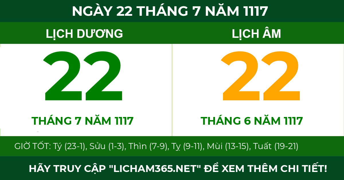 lịch âm ngày 22 tháng 7 năm 1117
