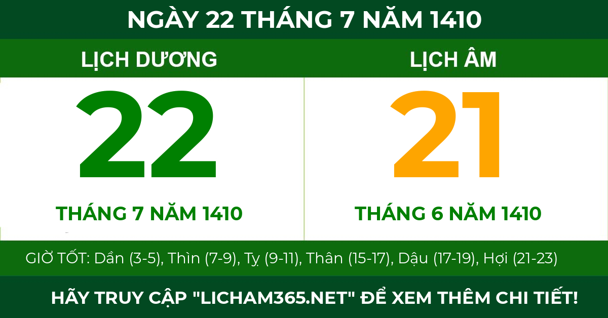 lịch âm ngày 22 tháng 7 năm 1410