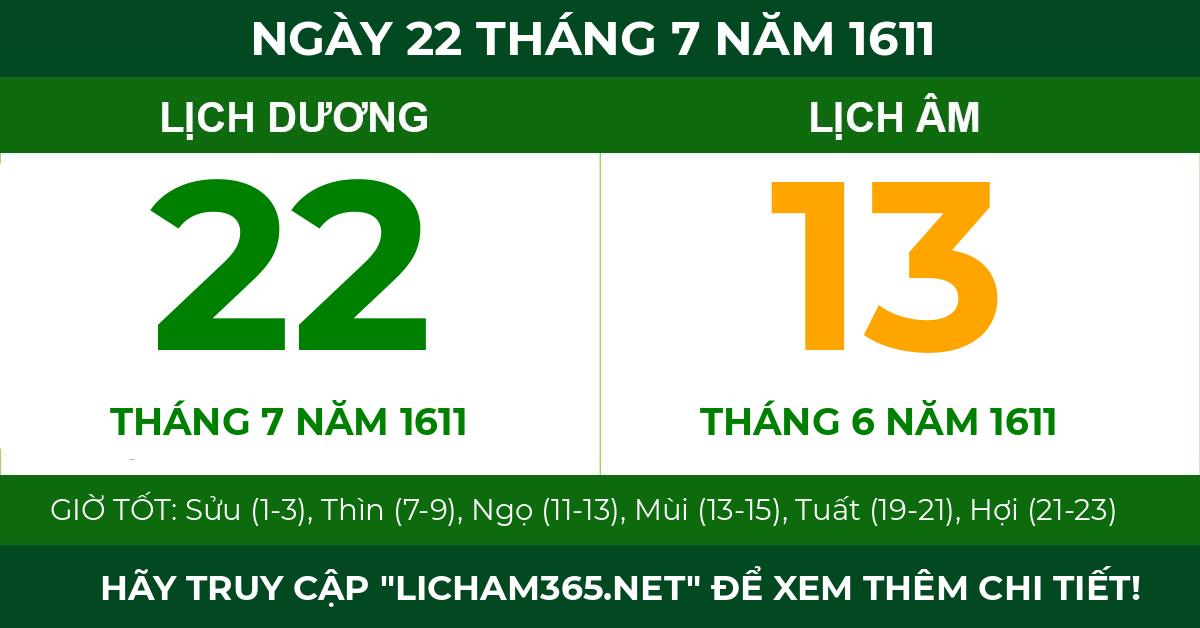 lịch âm ngày 22 tháng 7 năm 1611