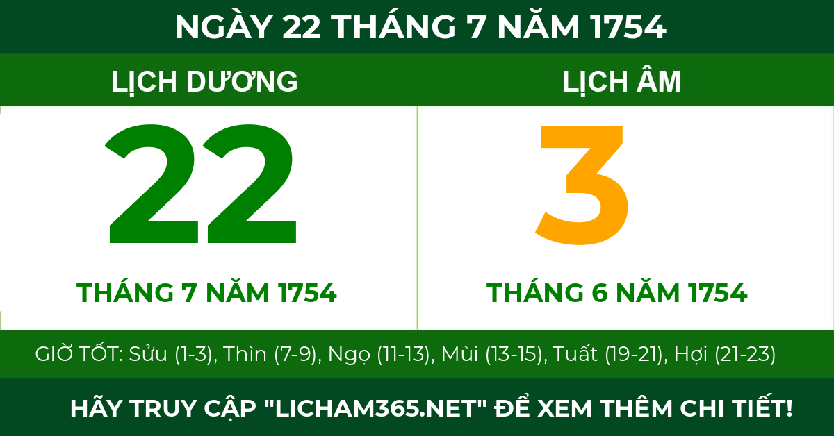 lịch âm ngày 22 tháng 7 năm 1754