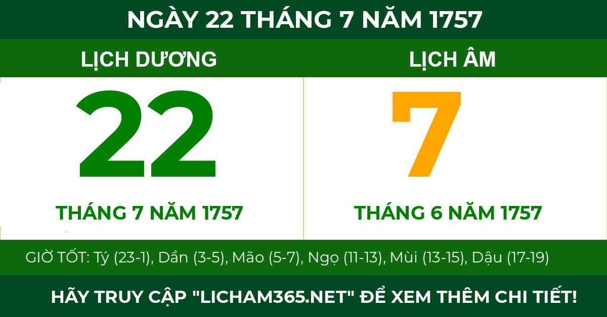 lịch âm ngày 22 tháng 7 năm 1757
