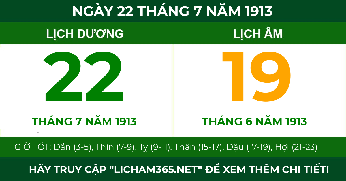 lịch âm ngày 22 tháng 7 năm 1913