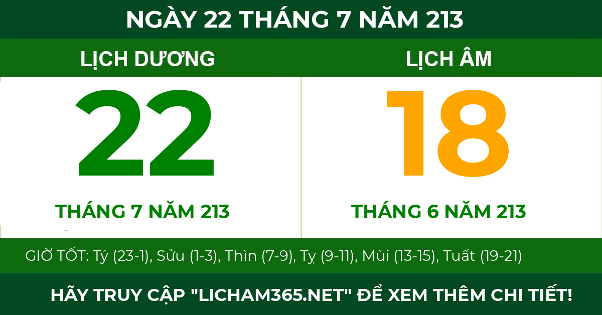 lịch âm ngày 22 tháng 7 năm 213