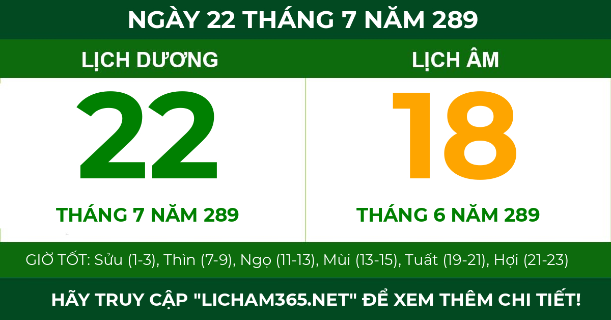 lịch âm ngày 22 tháng 7 năm 289