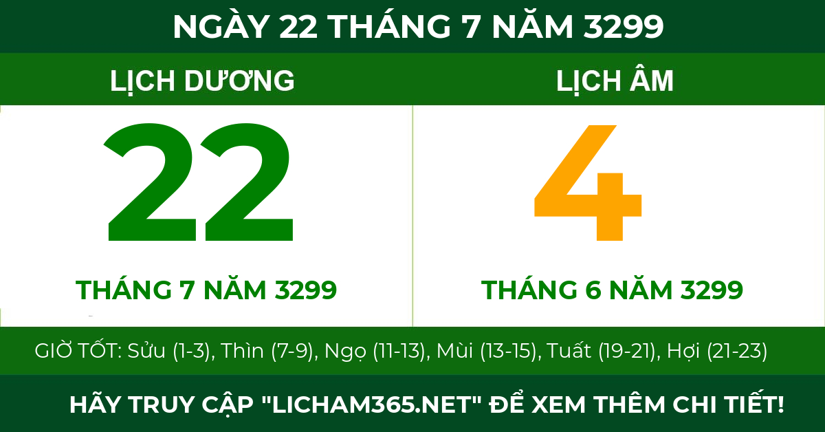 lịch âm ngày 22 tháng 7 năm 3299