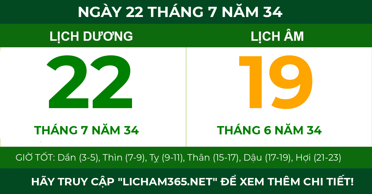 lịch âm ngày 22 tháng 7 năm 34