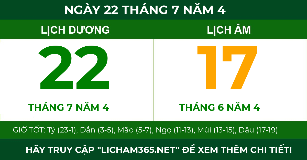 lịch âm ngày 22 tháng 7 năm 4