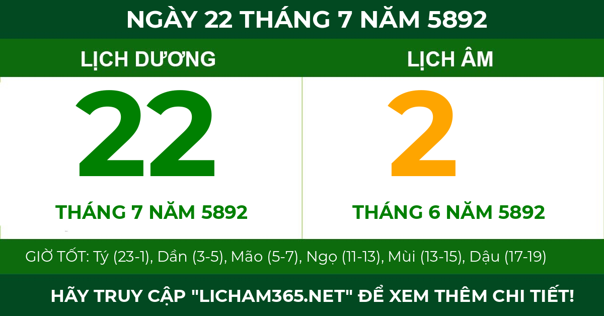 lịch âm ngày 22 tháng 7 năm 5892