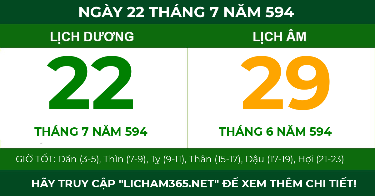 lịch âm ngày 22 tháng 7 năm 594