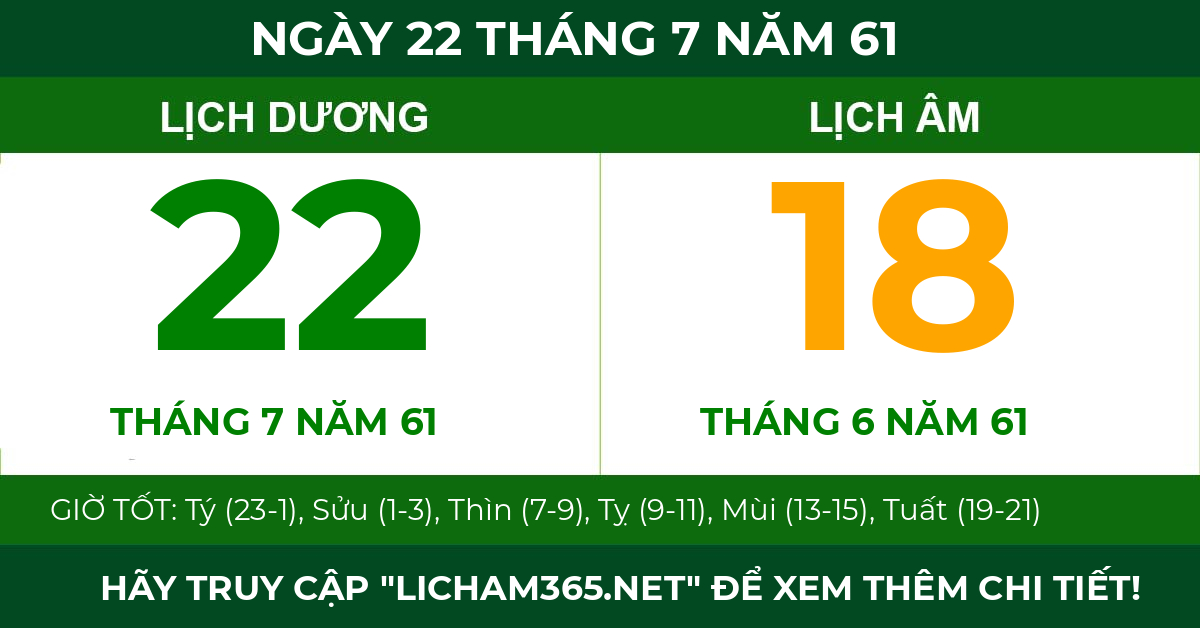 lịch âm ngày 22 tháng 7 năm 61