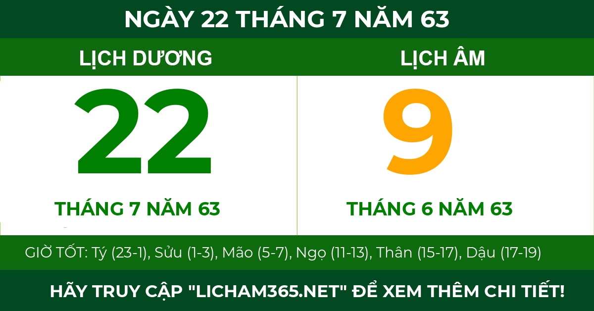 lịch âm ngày 22 tháng 7 năm 63