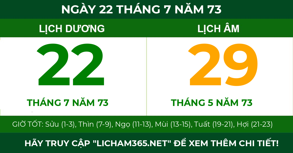 lịch âm ngày 22 tháng 7 năm 73