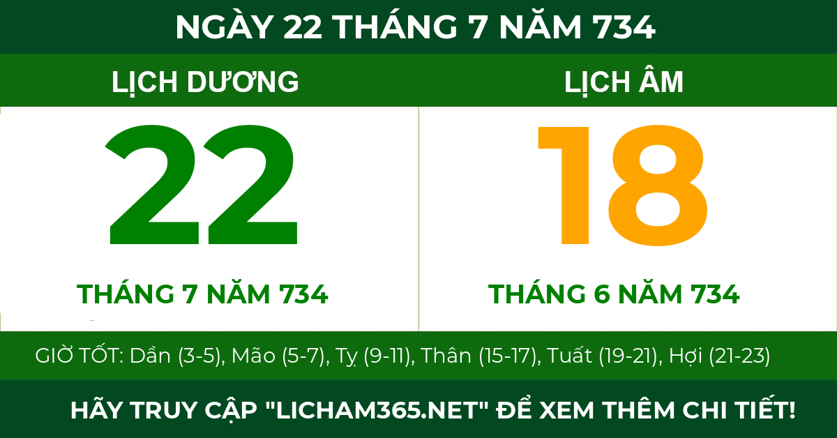 lịch âm ngày 22 tháng 7 năm 734