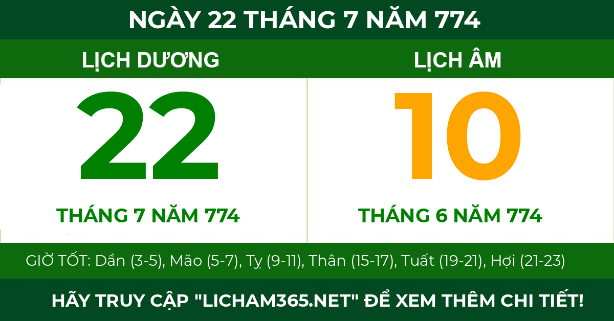 lịch âm ngày 22 tháng 7 năm 774