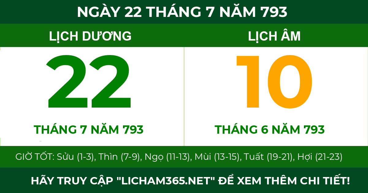lịch âm ngày 22 tháng 7 năm 793