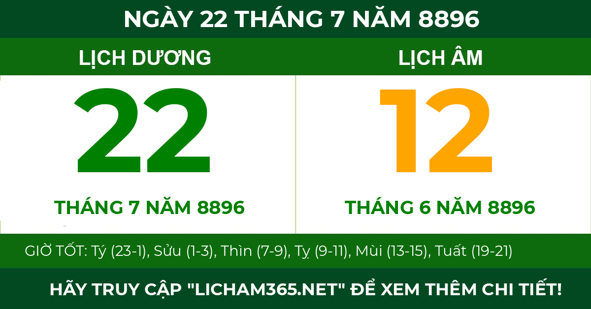 lịch âm ngày 22 tháng 7 năm 8896