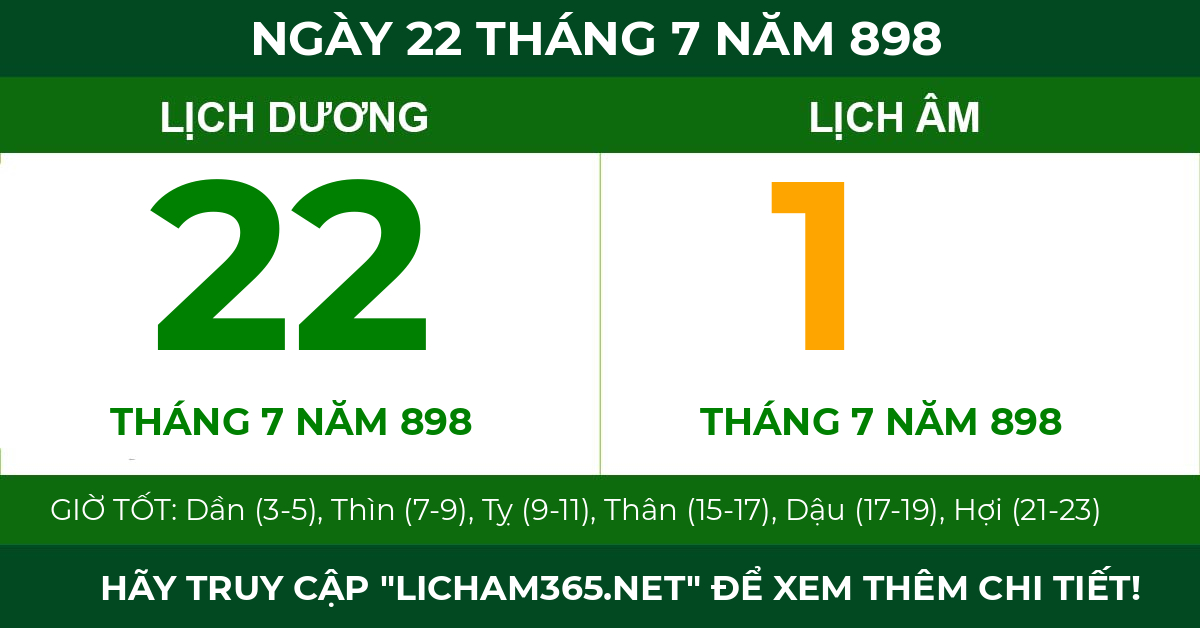 lịch âm ngày 22 tháng 7 năm 898