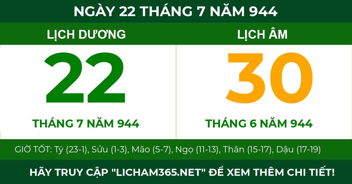 lịch âm ngày 22 tháng 7 năm 944
