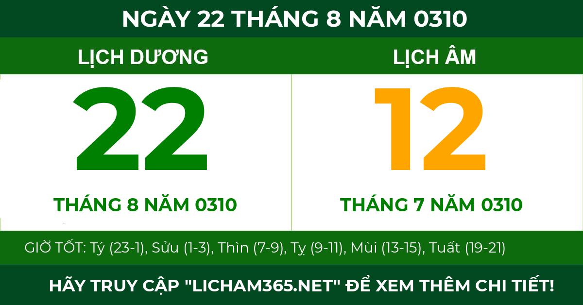 lịch âm ngày 22 tháng 8 năm 0310