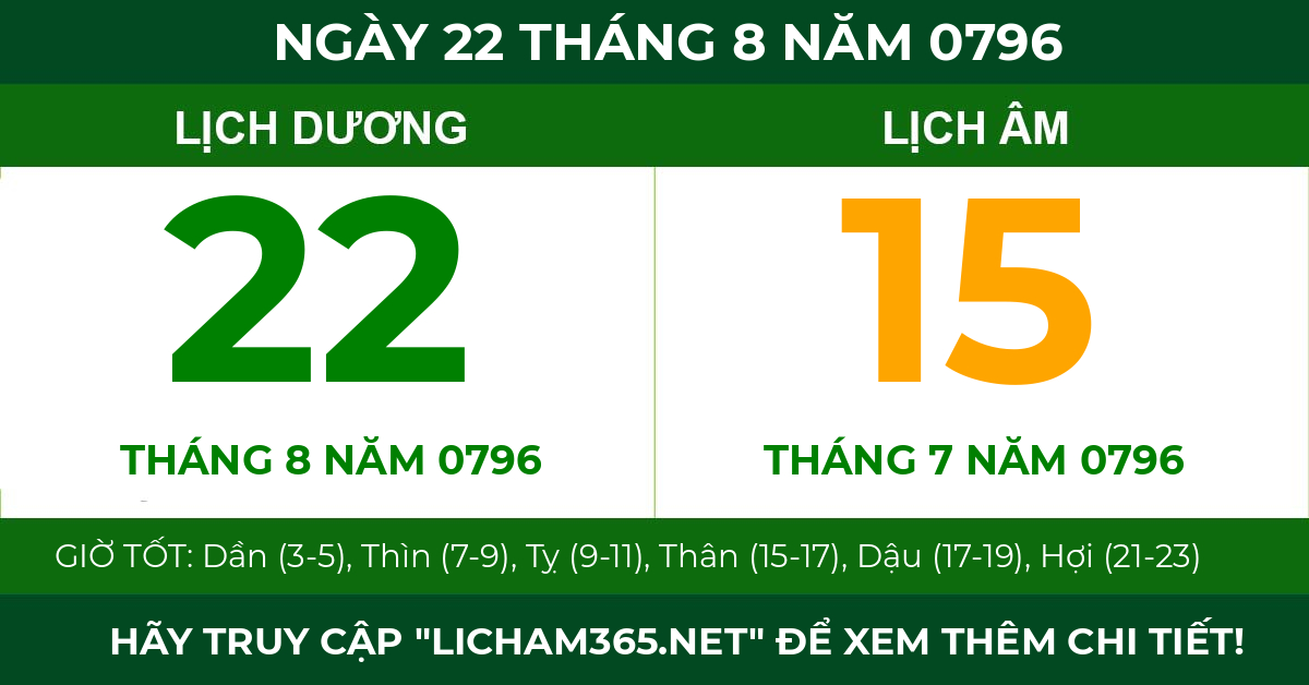 lịch âm ngày 22 tháng 8 năm 0796